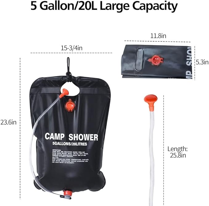 DkOvn Solar Shower Bag, 5 Gallons/20L Camping Shower Bag, Portable Shower Bag with Removable Hose and On-Off Switchable Shower Head for Camping Beach Swimming Outdoor Traveling