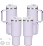 4 Pack 40 Oz Tumbler with Handle Bulk, Double Wall Vacuum Insulated Stainless Steel Tumbler with Lid and Straw, 40 oz cup with Silicone Spill Proof Stopper Set (Purple)