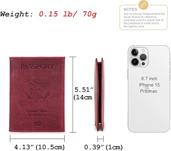CONTACTS Full Grain Leather Passport Holder RFID Blocking Travel Passport Wallet Compatible with Airtag Passport Cover Case with 4 Cards Slots, Coin Pocket (Badge, Wine Red)