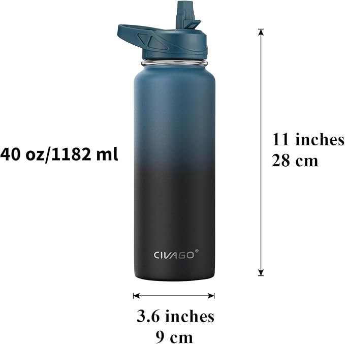 CIVAGO 40 oz Insulated Water Bottle With Straw, Stainless Steel Sports Water Flask Cup with 3 Lids (Straw, Spout and Handle Lid), Double Walled Travel Thermal Canteen Mug, Cool Gray