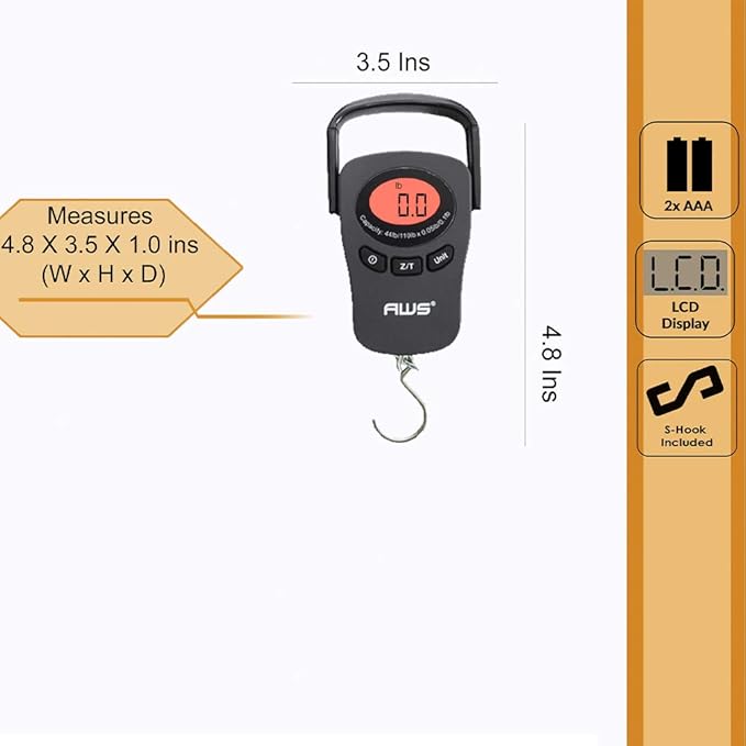 American Weigh Scales PK-110 Digital Hanging Scale – 110lb x 0.1lb Capacity, Red Backlit LCD Display, Portable Electronic Luggage & Fishing Scale (Black)