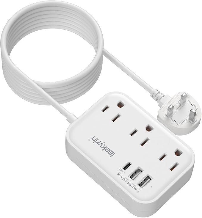 10FT Extension Cord with UK Plug Adapter, US to UK Plug Adapter with 3 Outlets 3 USB Charging Ports (USB-C), Type G Travel Adapter for USA to Scotland British London England Irish Dubai