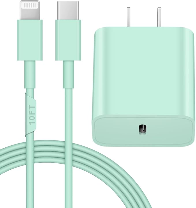 10FT iPhone 14 13 12 Charger Fast Charging 20W PD USB C Wall Charger with 10FT Fast Charging Cable Compatible iPhone 14/13/12/11/Pro/Pro Max/Mini/Xs Max/XR/X, iPad - Green