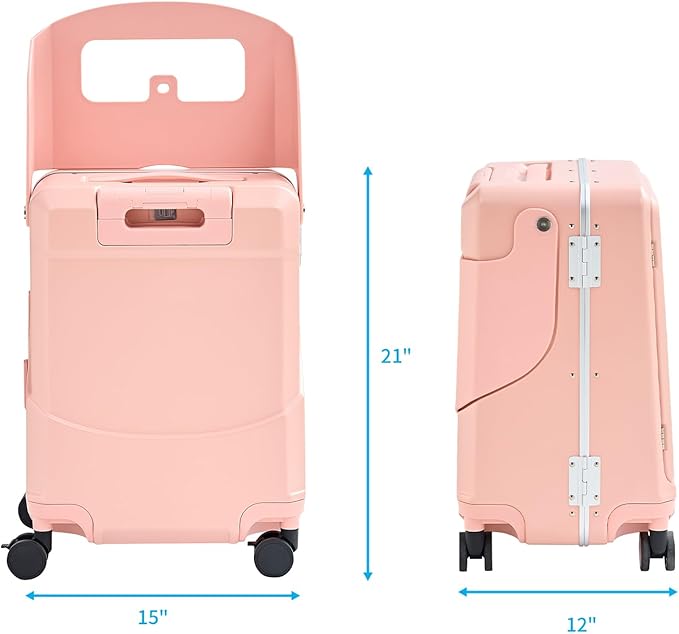 TABU 20" Ride on Luggage with Foldable Seat，Front-Opening Carry On Suitcase with Built-in USB & Type-C Port, TSA Lock and 360° Silent Spinner, for Kids & Adults, Pink
