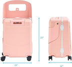 TABU 20" Ride on Luggage with Foldable Seat，Front-Opening Carry On Suitcase with Built-in USB & Type-C Port, TSA Lock and 360° Silent Spinner, for Kids & Adults, Pink