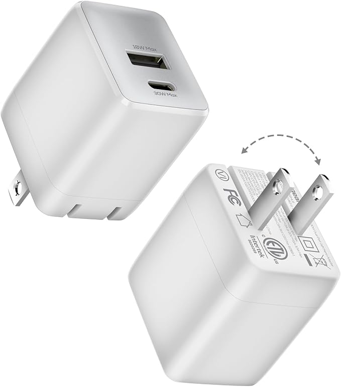 wegear USB C Fast Charging Charger, 30W Dual-Port GaN Nano Charger with Foldable Plug for iPhone 16/15 Series, iPad, Galaxy S24 Ultra and More Series, (White, 2 Pack)
