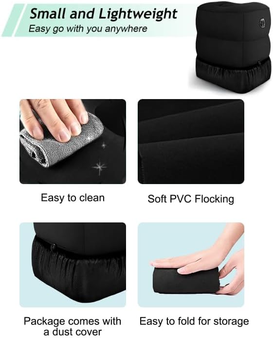 Inflatable Travel Foot Rest Pillow, Kids Airplane Bed, Adjustable 3 Layers Height Leg Rest Pillow, Adults Travel Essentials Great for Airplane, Office, Home, Trains, Cars (Black)