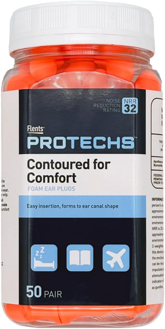Flents Protechs Foam Ear Plugs, Contoured for Comfort, Ideal for Work with Loud Noise, Heavy Machinery, Construction, Studying & Traveling, NRR 32, Orange, Easy to Use, 50 Pair