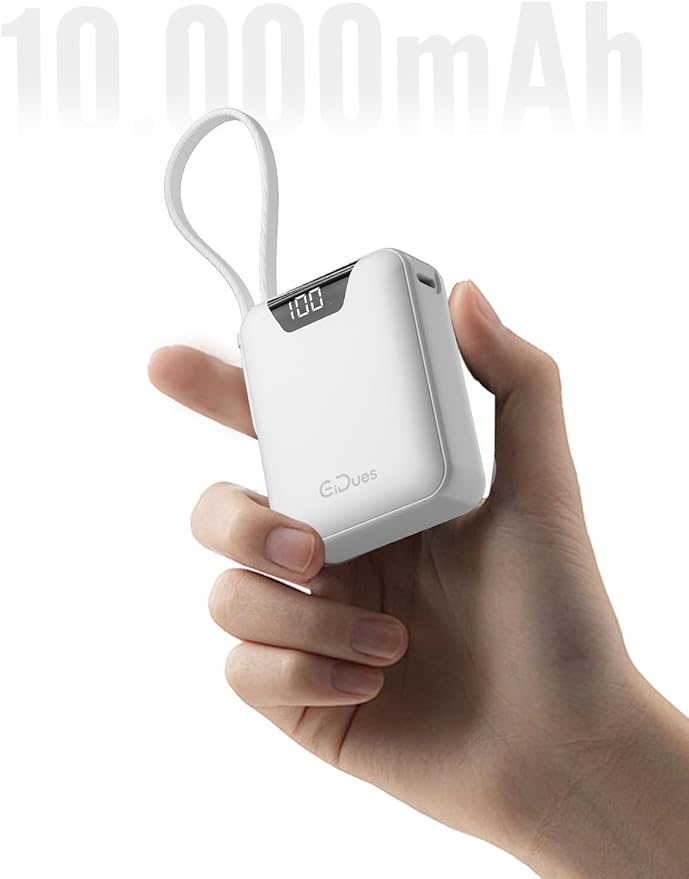 M1 Mini Portable Charger, 10000mAh Ultra-Compact Power Bank, 22.5W PD Fast Charging, Tpye-C Built-in Cable, Small External Battery Pack for iPhone, Samsung, Android iPad (White)