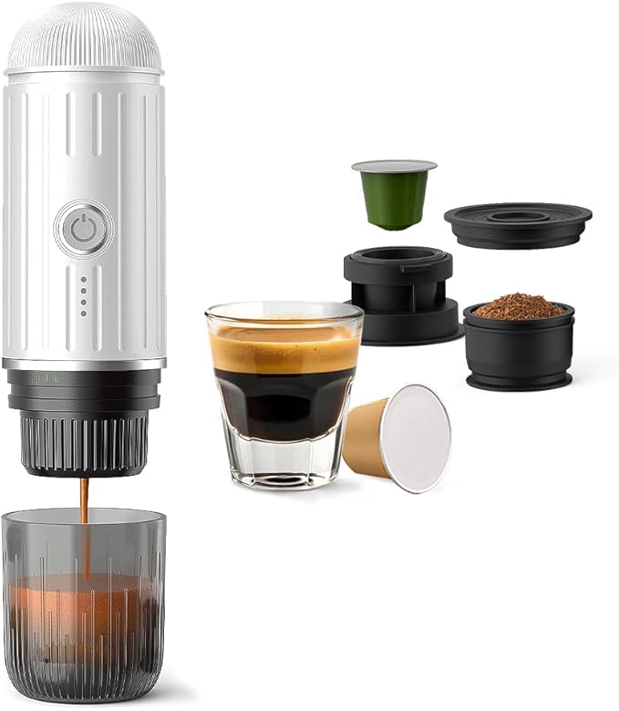 Portable Electric Espresso Machine, Travel Coffee Maker for Camping, On the Go Car Coffee Maker Self-Heating with USB-C, With Ground Coffee & N Espresso Capsule for RV/Hiking/Office, White