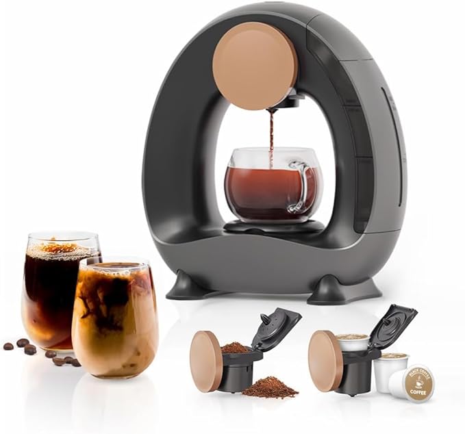 Pod and Grounds Single-Serve Coffee Maker, 2 in 1 One Cup Coffee Machine Compatible with K-Cup Pod & Coffee Grounds/Tea, Compact Design, 4-8oz, Grey
