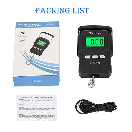 Rechargeable Lugagge Scale Portable Electronic Hook Scale Digital Hanging Bag Luggage Weight Scale Fishing Scale with Measuring Tape 165Lb Black