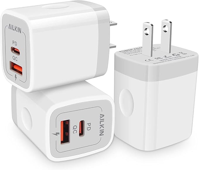 3Pack Dual Port USB-C Wall Plug-in USBC Charger, AILKIN 20W Power Delivery + QC3.0 USB A Double Port Fast Charging Block for iPhone 17 15 14 13 12 Pro Max 14 Pro Mini 16Pro Max 16 Plus 16E X XS Cube