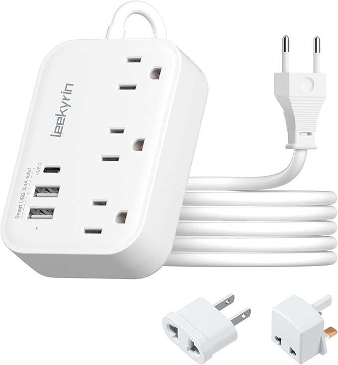 European Travel Plug Adapter, US to UK Europe Power Strip for EU/UK/US with USB C, 3 USB Ports 3 AC Outlets, 3ft Extension Cord, International Travel Power Strip, Type C for Europe EU Germany France