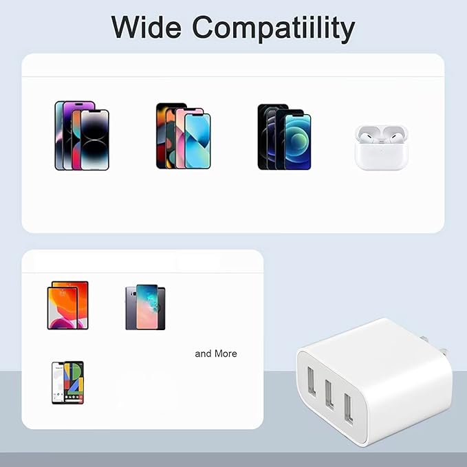 3 USB A Ports Charger Block，YTFCYIKBG Cell Phone wall Chargers，USB Cube wall Plug，for iPhone 14/13/12/11/X/XR/X/8/7/6, Galaxy, Android Phones and More（Ivory ）