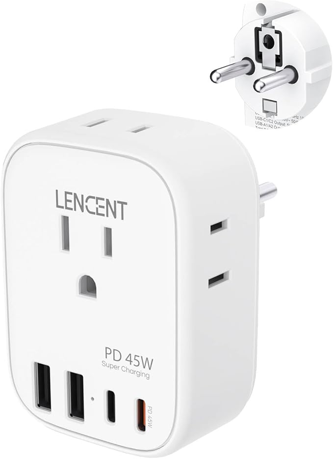 LENCENT Germany France Travel Power Adapter, PD 45W USB C Fast Charger, Schuko Type E F Plug Adaptor with 4 Outlets, Travel Essentials for US to Europe EU Spain Greece Russia Germany South Korea