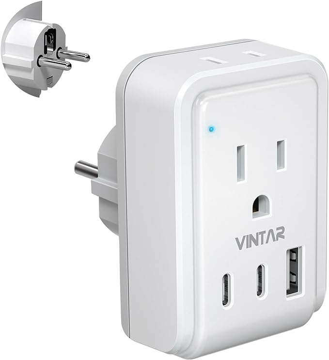 Type E F Plug Adapter, VINTAR Schuko Germany France Power Adapter with 2 Outlets 3 USB Ports(2 USB C), 5 in 1 Type F Travel Adapter for US to EU Spain Iceland Korea Greece Russia German French