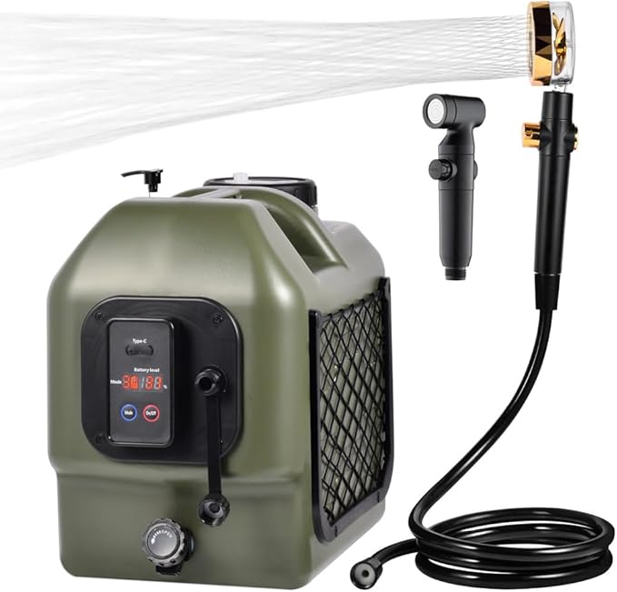 Portable Camp Shower 5-Gallon 2/5/8 Hours Battery Life Cordless Electric Rechargeable Food-Grade Water Tank for Camping Pressure Washer for Garden & Pet Cleaning