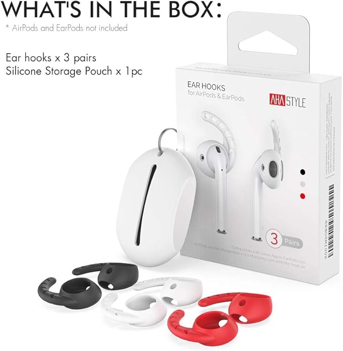 AhaStyle 3 Pairs AirPods Ear Hooks Cover Silicone Accessories Compatible with Apple AirPods and EarPods Headphones(Black,White,Red)