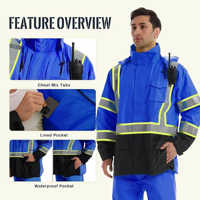 SKSAFETY Hi Vis Safety Rain Jacket for Men, Construction Work Rain Gear Heavy Duty Class 3 Rain Coat Waterproof Lightweight