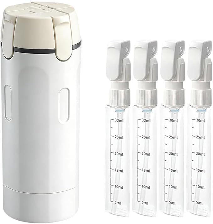 4 in 1 Travel Dispenser, Travel Bottles for Toiletries, Squeeze Leak Proof Dispenser Bottles with Scale and Label for Shampoo Lotion Shower Gel, Suitable for Travel, Camping and Gym(1 PC, White)