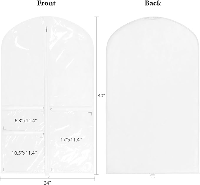 Univivi Dance Costume Garment Bag, 40 Inch Garment Bags for Dance Costumes Kids Dance Costume Bag with 3 Medium Clear Zipper Pockets for Dance Costumes, Hanging Clothes (White) - 4 Pack, UN0783