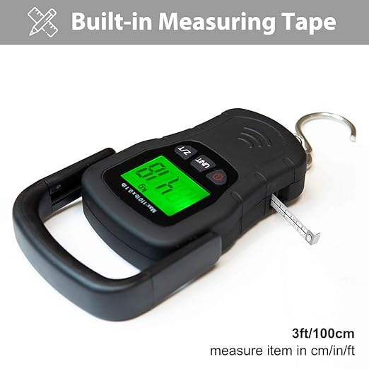 Commercial Grade Heavy Duty Digital 110lb/50kg Capacity Hanging Scale with Backlit and Measuring Tape for Luggage Fish Fishing with Comfortable Handle and Large Hook