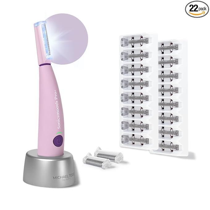 Michael Todd Beauty Sonicsmooth Pro+ Dermaplane Razor for Women Face + Eyebrow Trimmer Dermaplaning System w/LED Light Peach Fuzz Remover -16 Dermaplaning Blades & 2 Microsmooth Exfoliation Tips