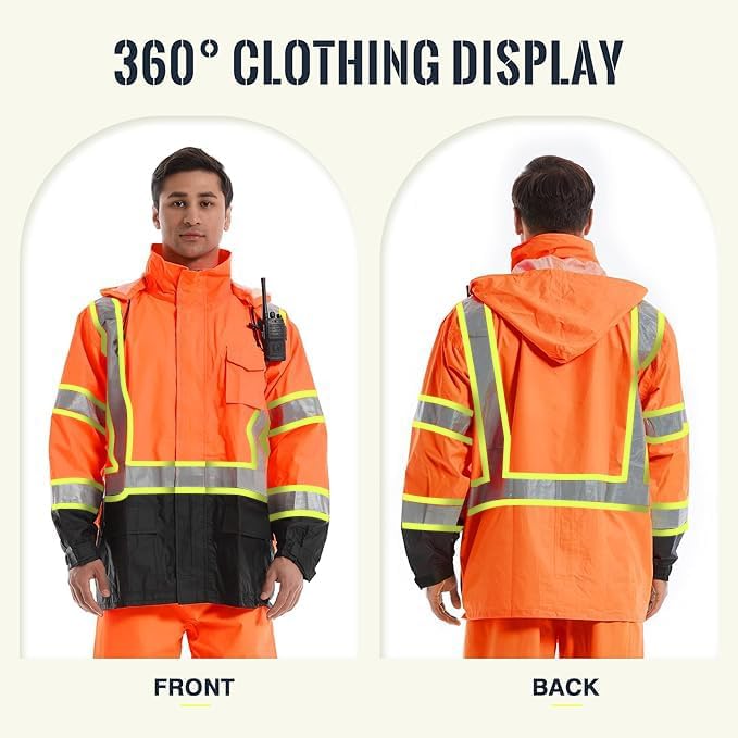 SKSAFETY Hi Vis Safety Rain Jacket for Men, Construction Work Rain Gear Heavy Duty Class 3 Rain Coat Waterproof Lightweight