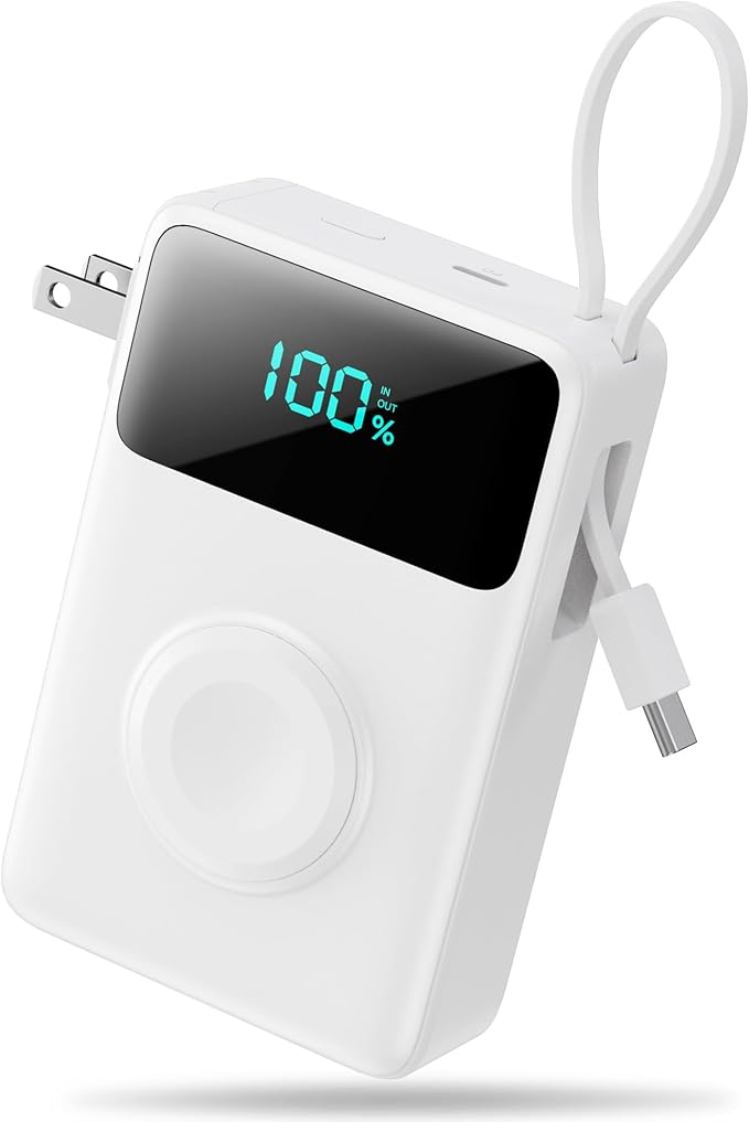 4-in-1 Portable Charger With Built-in Wall Plug&USB-C Cables,10800mAh Power Bank with iWatch Charger,QC4.0+PD 25W Fast Charging Battery Pack,Travel Essentials for iPhone 16/15,Apple Watch,Android etc