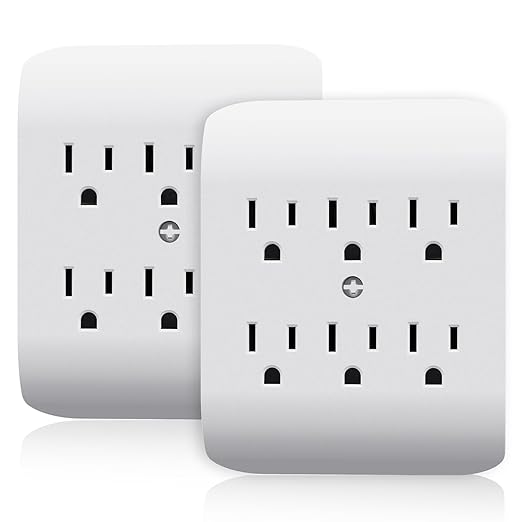 ELEGRP 6-Outlet Extender with Central Anchor, 3-Prong Grounded Wall Tab, Multiple Outlet Extender with 6 Electrical Outlets, ETL Listed, 2 Packs, White
