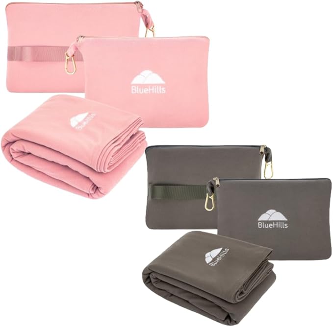 BlueHills Lightweight Travel Blanket Pillows for Two Airplane Compact Portable Traveling Essentials Flight Throws in Bag Large Plane Accessories – Pink and Gray