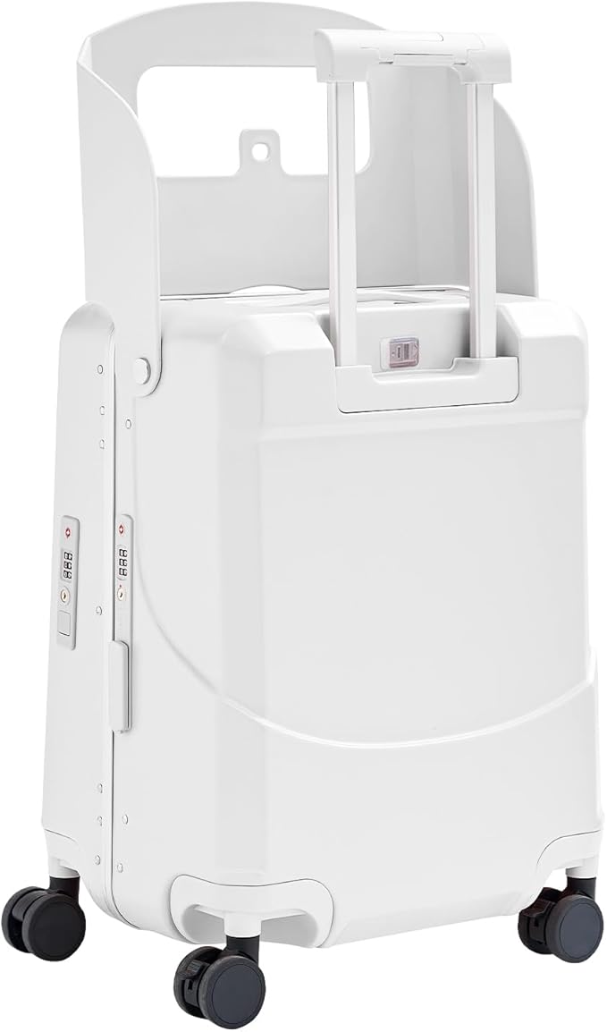 TABU 20" Ride on Luggage with Foldable Seat，Front-Opening Carry On Suitcase with Built-in USB & Type-C Port, TSA Lock and 360° Silent Spinner, for Kids & Adults, White