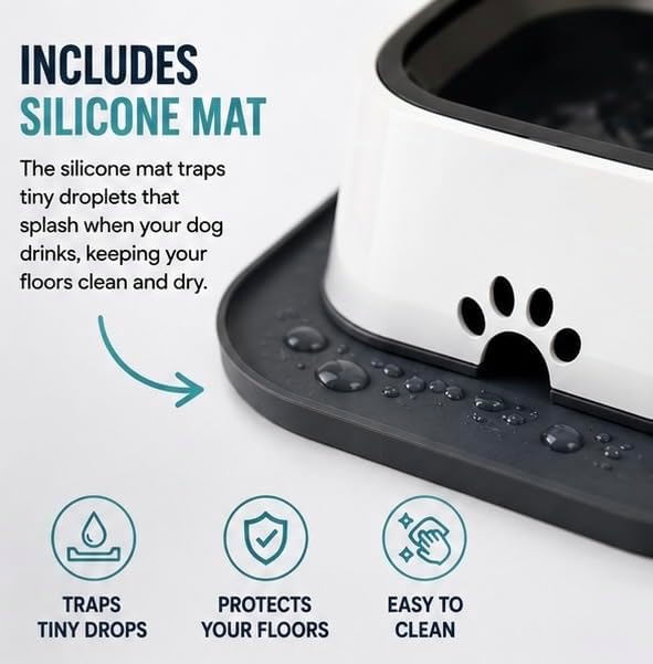 No Spill Dog Water Bowl with Silicone Mat - Spill Proof Slow Drinking Bowl for Home, Car & Travel - Mess-Free Water Bowl for Dogs