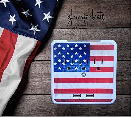Glamsockets Decorative Wall Mount Surge Protector with 3 Outlets, Dual USB Charging Ports and Phone Holder - USB Charging Center/Multi Function Wall Tap (Vintage American Flag)