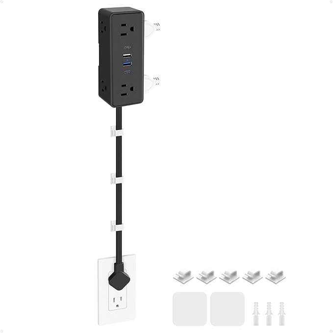 Electrical Outlet Extender Stick, Features 4 USB & 6 Outlets, 19in Flexible Extension Cord Access Hard-to-Reach Outlets, Wall Plug Power Socket Expander Nightstands Sofa Desk