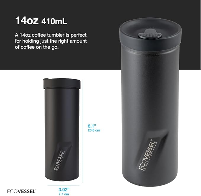 EcoVessel Travel French Press, Portable Coffee Maker, Stainless Steel Insulated Coffee Press, Reusable Single Serve Bottle for On-The-Go Use, 14oz (Mint)