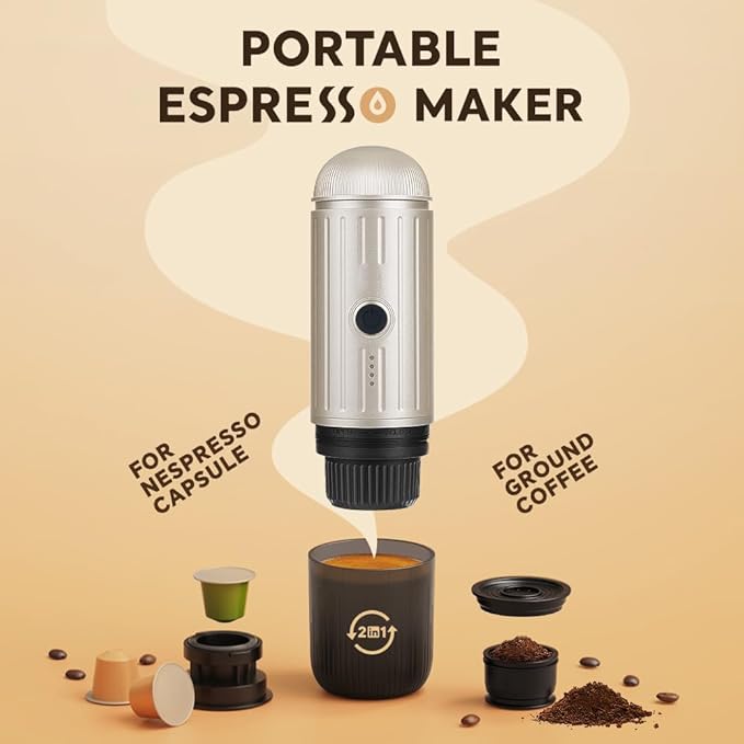 Portable Espresso Machine For Travel, USB-C Charging, Self-Heating Electric Espresso Maker, 19 Bar Mini Coffee Maker On the Go For Camping/Hiking, Ground Coffee & NESPRESSOpods (Champagne)