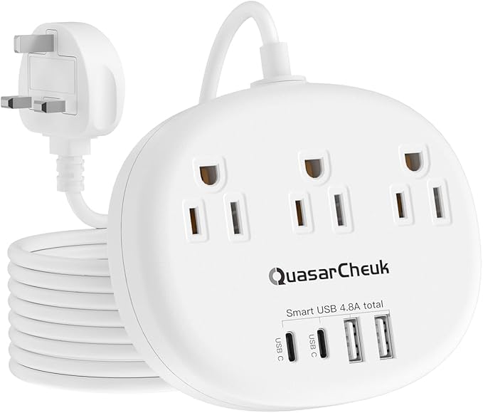 UK Ireland Travel Plug Adapter, US to UK Plug Adapter, Type G Travel Adapter with 3 Outlets 4 USB(2 USB C), 5FT Extension Cord, for US to Scotland London England British Irish Dubai Kenya Hong Kong