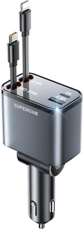SUPERONE Smaller 69W Retractable Car Charger 4 in 1 Fast Car Phone Charger Adapter with Retractable Type C & L Cords, USB C Car Chargers for iPhone 17 16 15 14 13 12 Galaxy Pixel