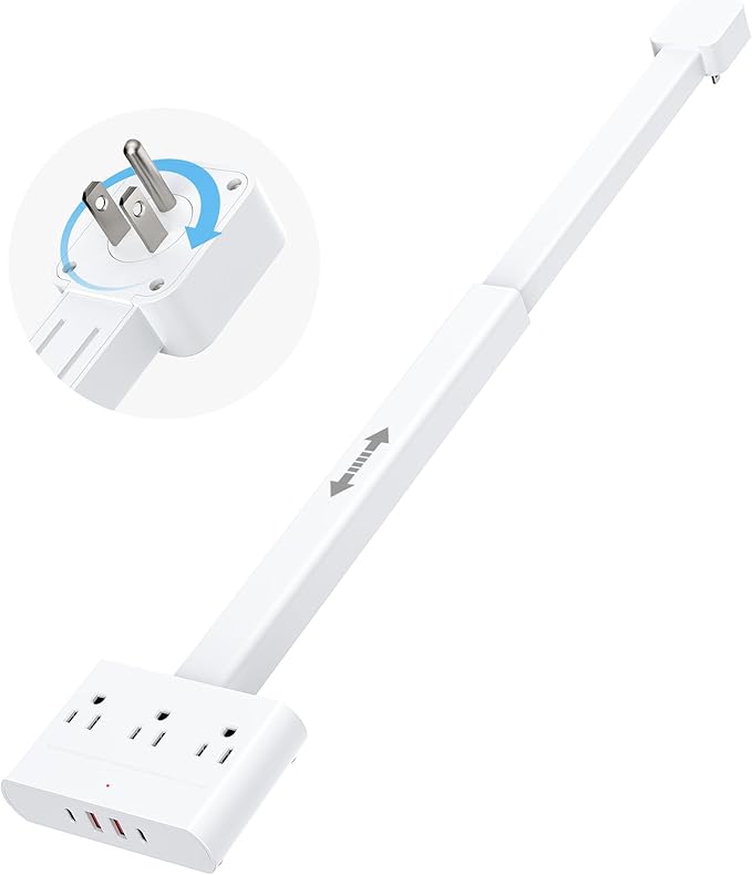 Electrical Outlet Extender Stick-360° Rotating Wall Outlet, Features 3 AC Outlets, 2 USB-A & 2 USB-C, Extends 16"-26", Extendable for Hard-to-Reach Outlets Behind Couches, Nightstands, Desks, and More