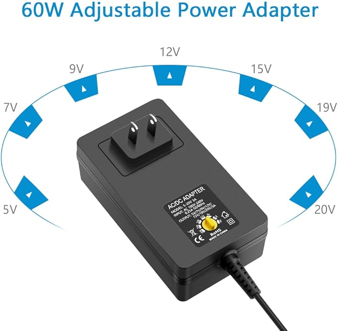 SHNITPWR Universal Power Supply Adjustable 5V~20V 60W AC Adapter 5V 7V 9V 12V 15V 19V 20V Multi-Voltage AC Power Adapter 100V-240V AC to DC Converter with 14 Tips Reverse Polarity