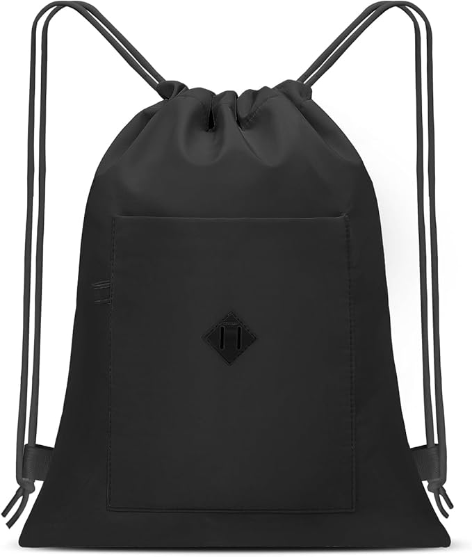 BAVELOE Drawstring Backpack Sports Gym Sackpack with Pockets Water Resistant Cinch String Bag for Women Men（Black）