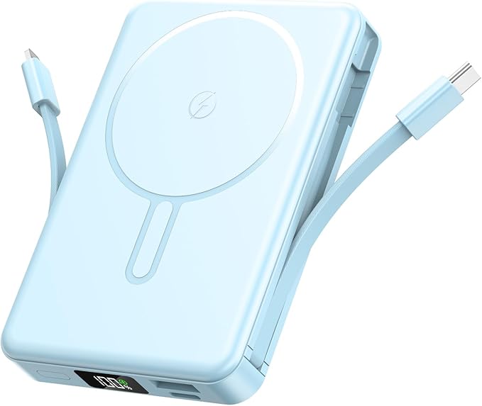 Magnetic Portable Charger, 22.5W Power Bank Fast Charging 10000mAh, Portable Charger with Built in Cable, for Magsafe Battery Pack Compatible with iPhone 17/16/15/14/13/12 Pro/Pro Max Sky Blue