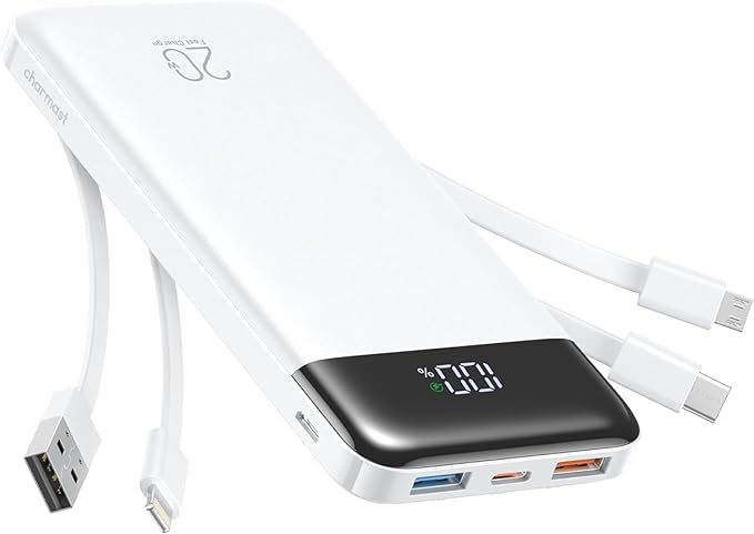 charmast 20000mAh Portable Charger with Built in Cables, 22.5W Travel Power Bank Fast Charging, USB C Cell Phone Battery Pack for iPhone 16/15/14/13/12/11 Series, iPad, Samsung, Android, Tablet