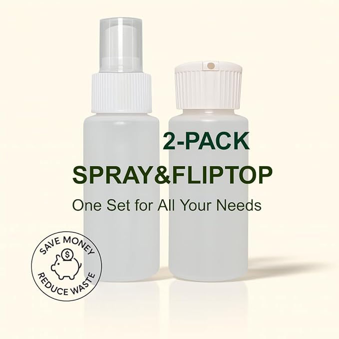 2-Pack 2oz Travel Bottles – Fine Mist Spray & Flip-Top Bottle Set – TSA Approved, FDA Compliant, Chemical Resistant, Leak-Proof, Refillable for Toiletries, Skincare, and DIY Essentials