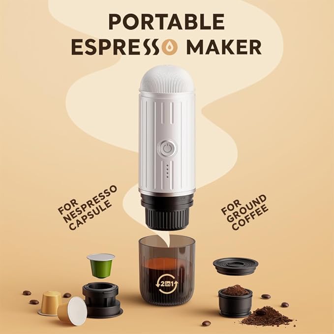 Portable Electric Espresso Machine, Travel Coffee Maker for Camping, On the Go Car Coffee Maker Self-Heating with USB-C, With Ground Coffee & N Espresso Capsule for RV/Hiking/Office, White