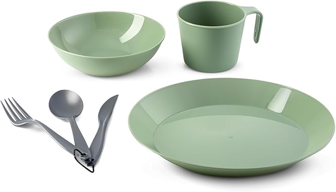 GSI Outdoors Cascadian Table Set I 6-Piece Camping, Backpacking Mess Kit, Plastic BPA Free, Plate, Bowl, Mug, Cup & Cutlery Set