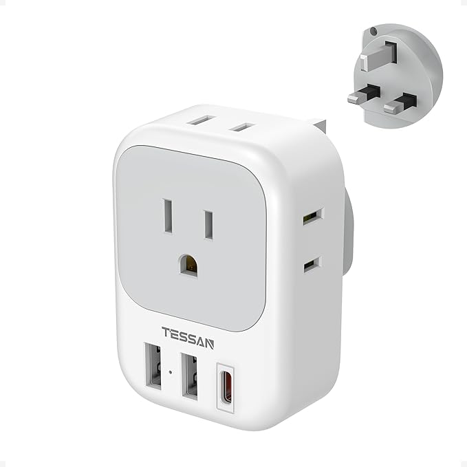 US to UK Plug Adapter PD 20W, TESSAN Type G Travel Converter with 3 USB Charger(1 USB C Port), 4 Outlets Power Adaptor for USA to Qatar Ireland Hong Kong England Scotland Kenya Dubai London British