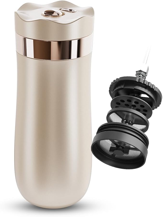 Travel Coffee Press, Vacuum Insulated Portable French Press, Stainless Steel Portable Coffee Maker/Tea Press, 12oz, Beige